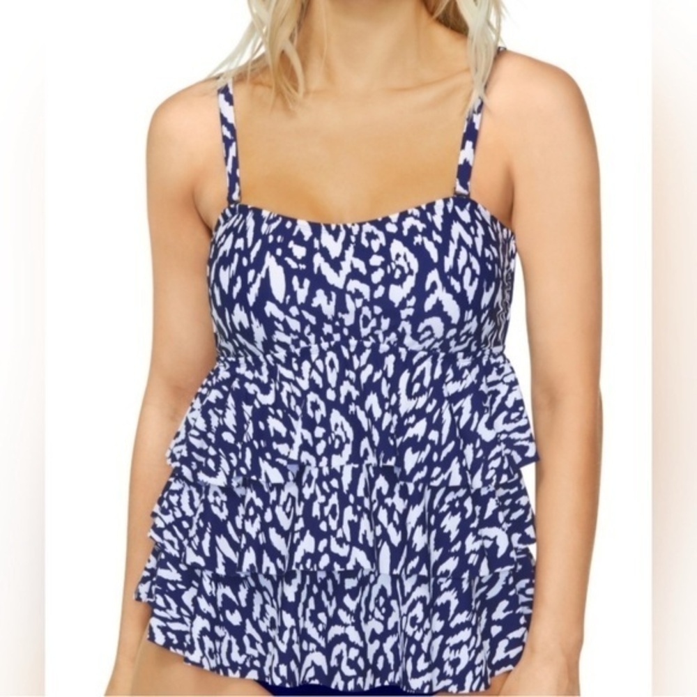 Island Escape Blue White Tiered Tankini Swim Top Only NWT 6 #2200